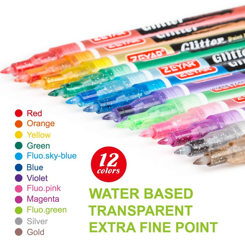 ZEYAR Glitter Paint Pens, Water based, Extra Fine Point, Nylon Tip, 12 Colors, Great for Gift Card, Poster, Album, Christmas Card and more. Non-Toxic and Safe - Image 2